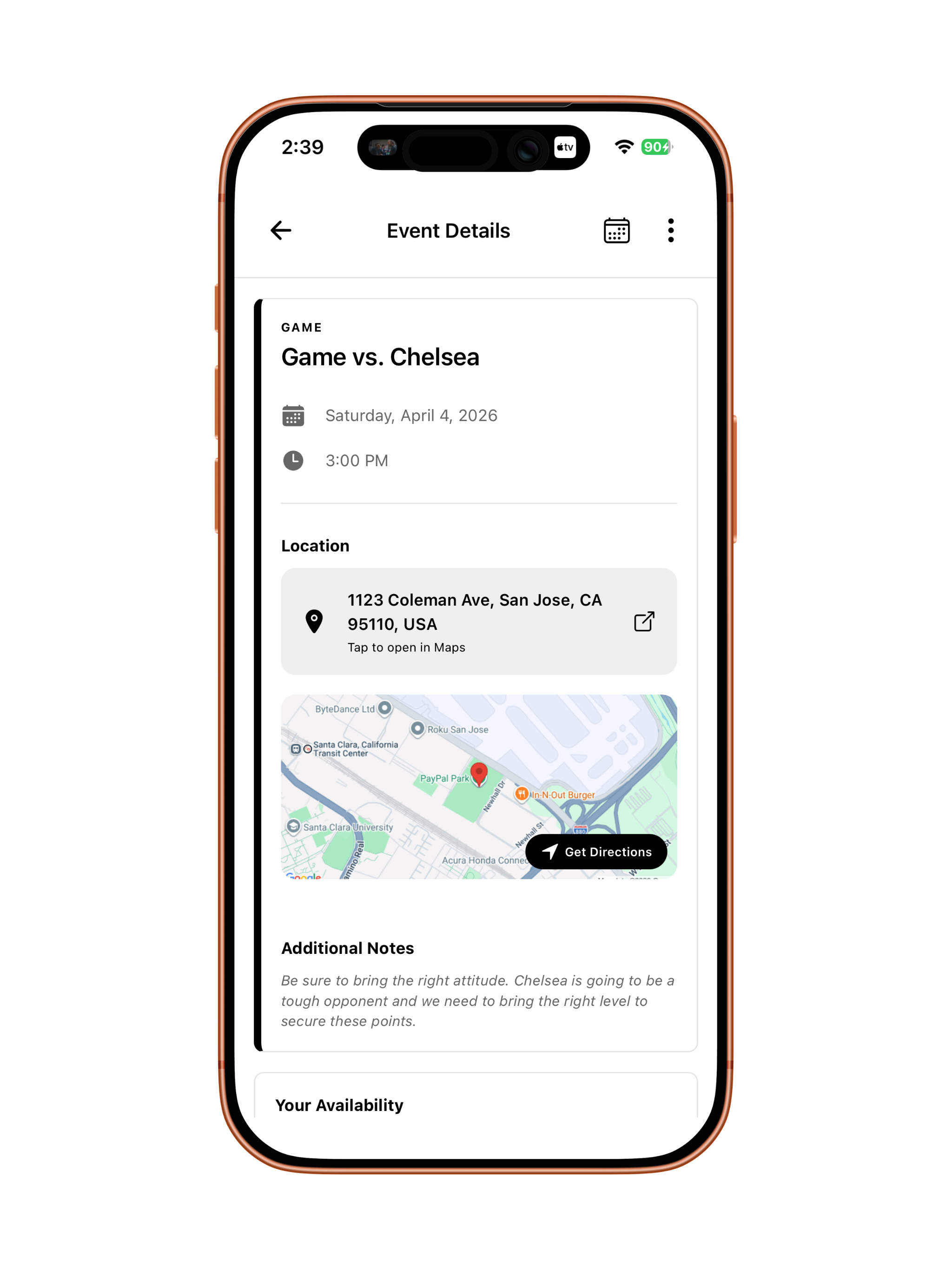 Game details view with map, directions, and attendance status