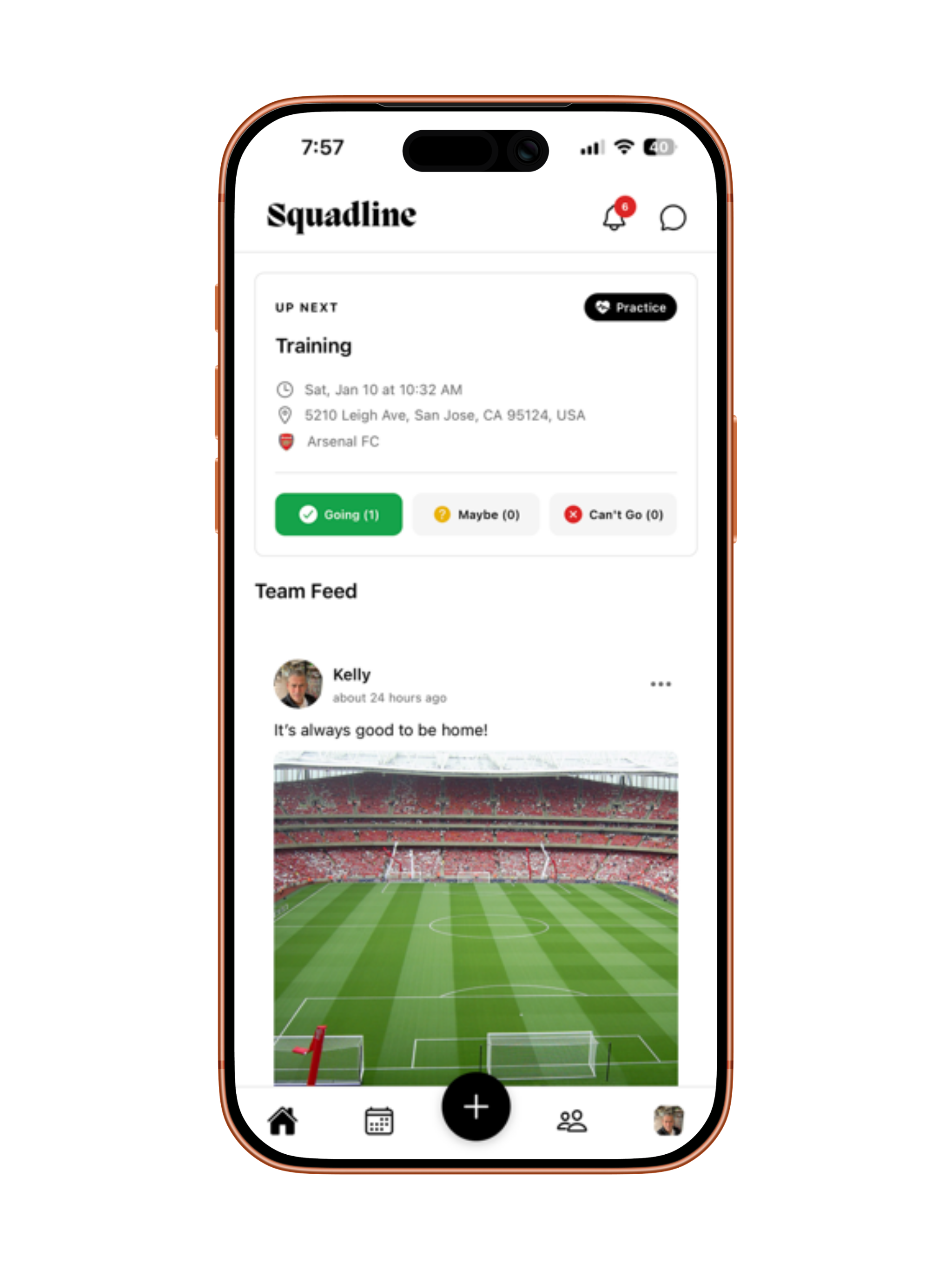 Squadline home feed showing Up Next game, Team Feed, and RSVP