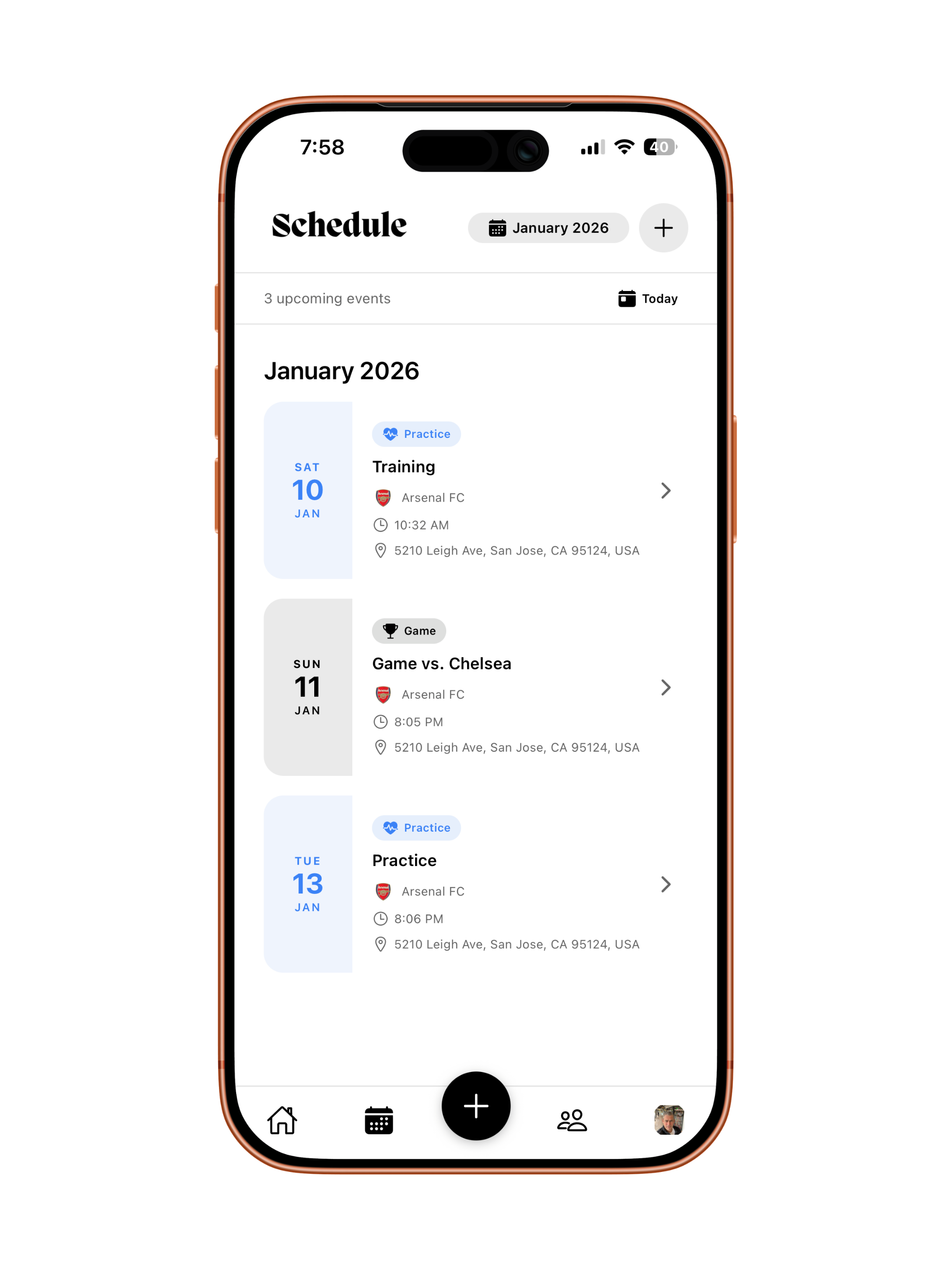 Squadline monthly calendar view showing practices and games