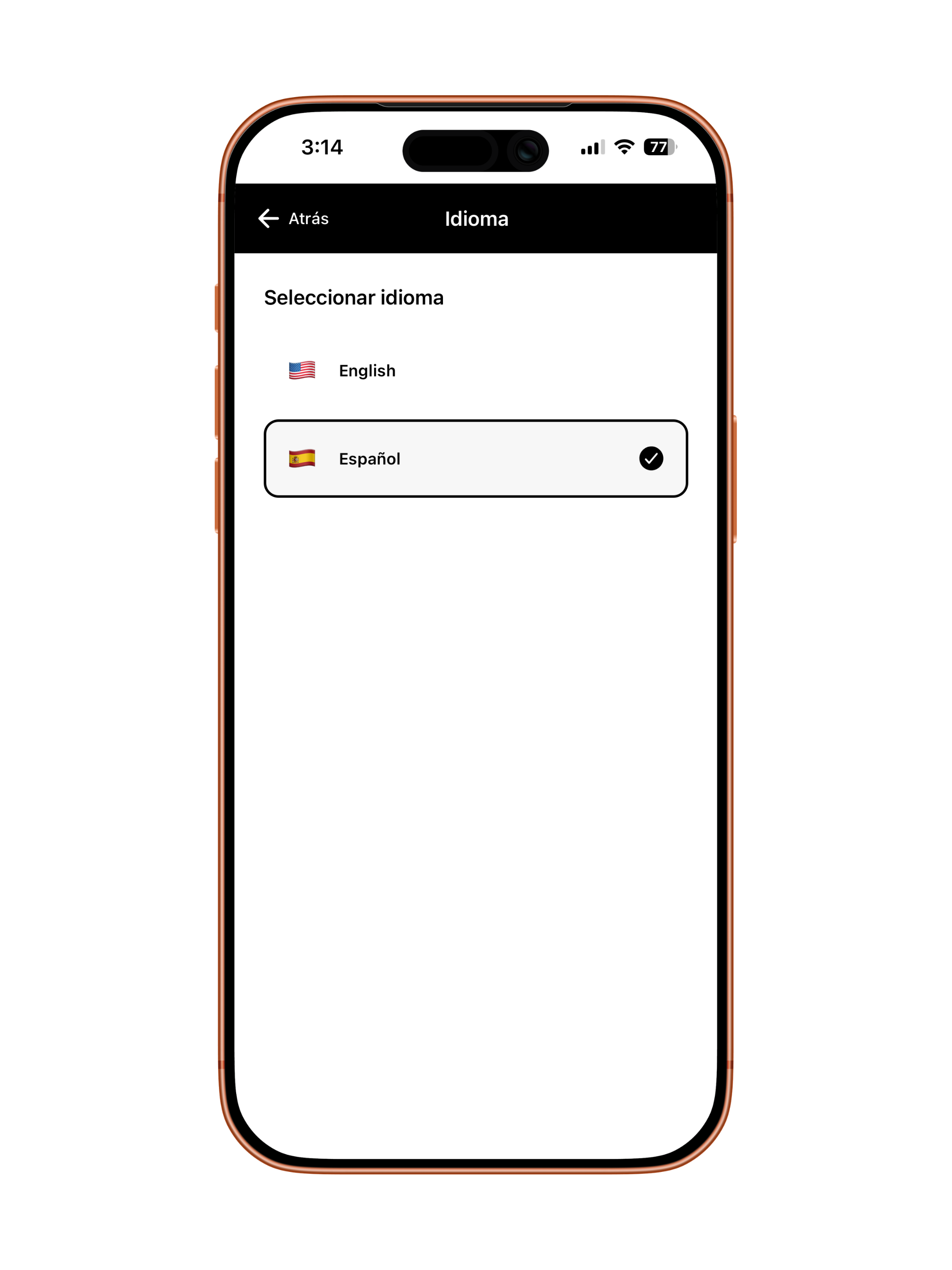Squadline app in Spanish — language selector showing English and Español